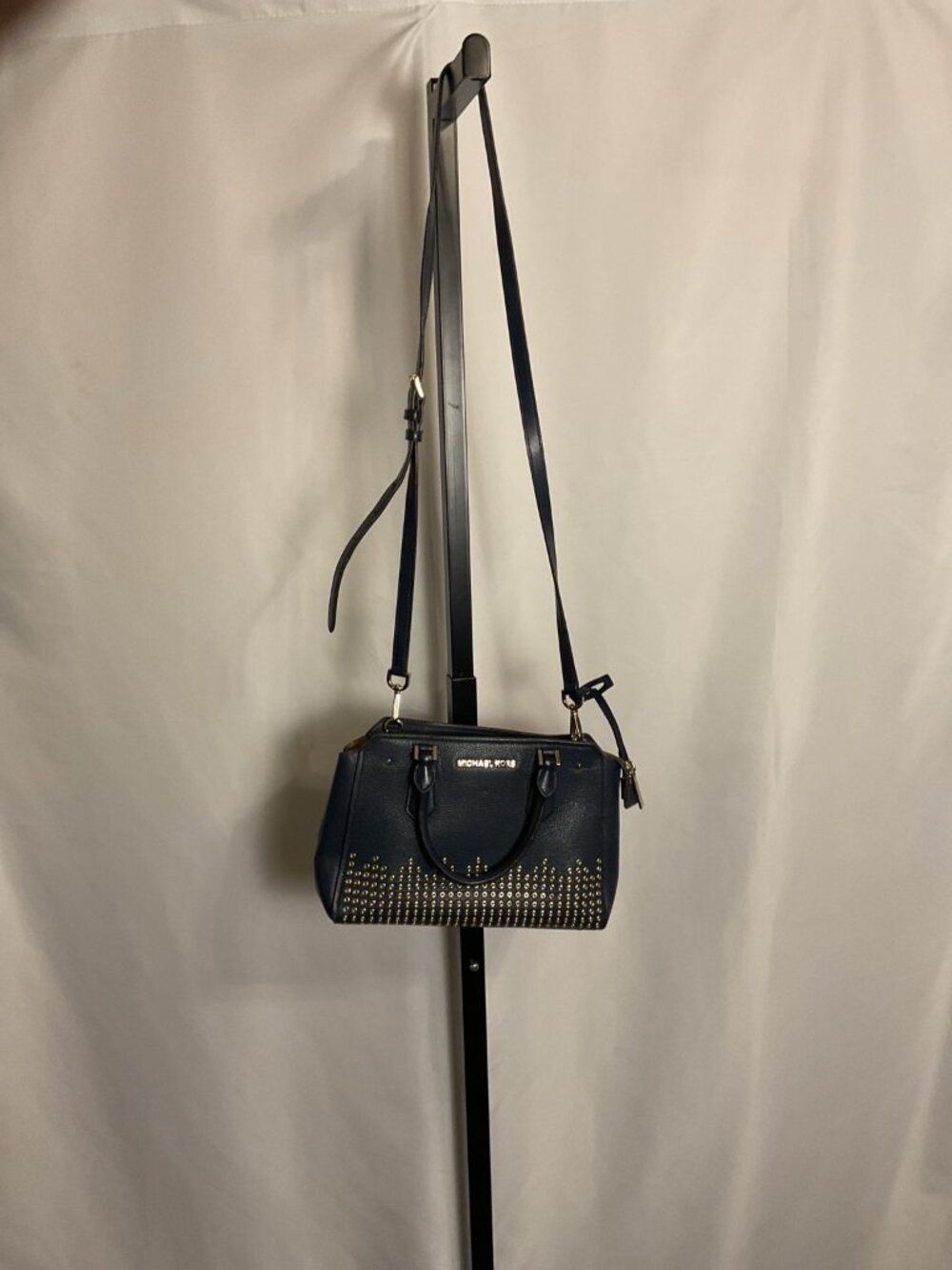 Michael Kors Navy Studded Leather Satchel Crossbody Gold Hardware - Picture 2 of 8